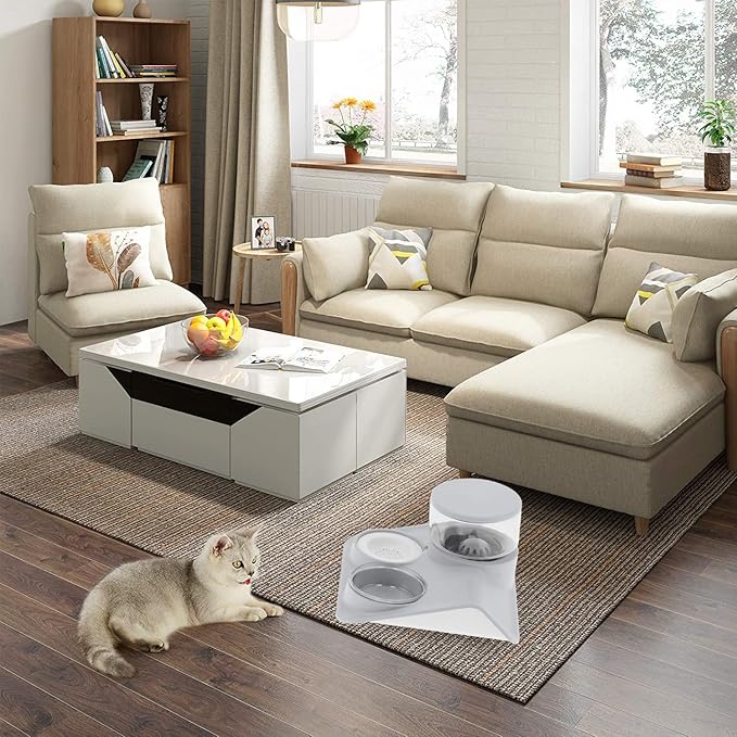 2-in-1 Double Dog Cat Bowls, Pet Water and Food Bowl Set, 1.8L Automatic Water Dispenser Detachable Bowl No-Spill Dog Waterer, Pet Feeder Auto Pets Waterer for Cat and Small Dog (Grey)