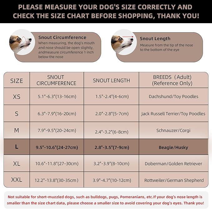 Dog Muzzle, Breathable Soft for Medium to Large Dogs to Anti & Prevent Barking Biting Chewing, Reflective & Adjustable Basket Muzzle with Air Mesh for Beagle Brown L