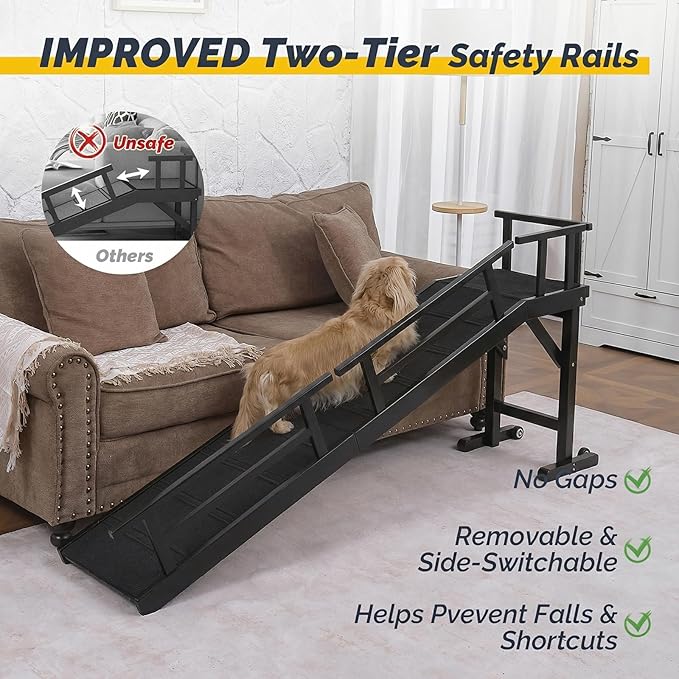 Dog Ramp for Bed or Couch, Wooden Pet Ramp with 20° Gentle Slope, Removable Side Rails, Non-Slip Surface, Top Platform & Wheels, Safe Bed Ramp for Small, Medium & Senior Dogs, 74" Long, Black