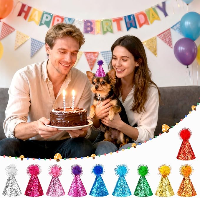 Mini Party Hats, 10Pcs Small Birthday Hats with Sequins for Stuffed Animals, Glittery Cone Party Hats with Pom-Pom Top for Dogs Cats Puppies Kittens, Colorful Festive Birthday hat for Pet Celebrations