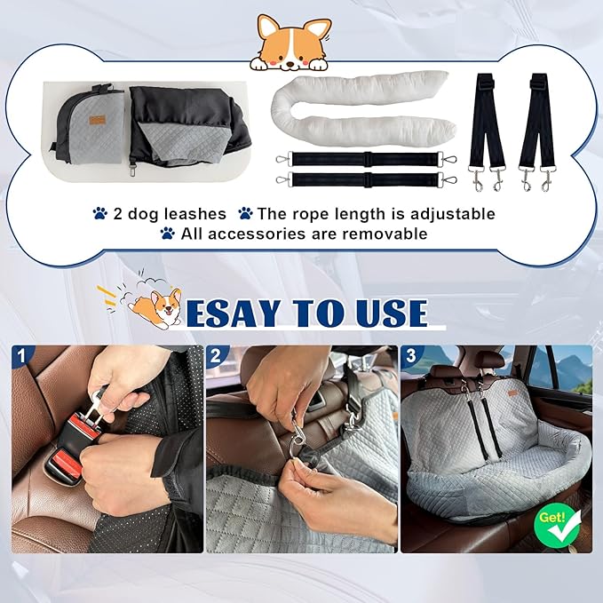 Dog Car Seat for Large/Medium Dog Pet Under 55 lbs or 2 Small Dogs Detachable Washable Travel Bed Fits Cars Trucks SUV