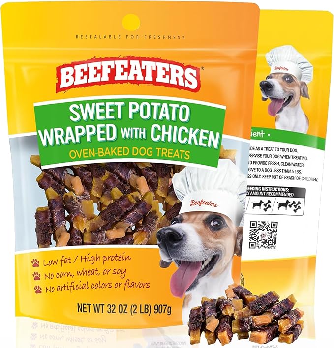 Beefeaters Sweet Potato Wrap with Chicken – Dog Treat. No Corn, Wheat, Soy or Gluten, Low Fat, Whole Muscle Jerky, Ideal for Training & Snacks