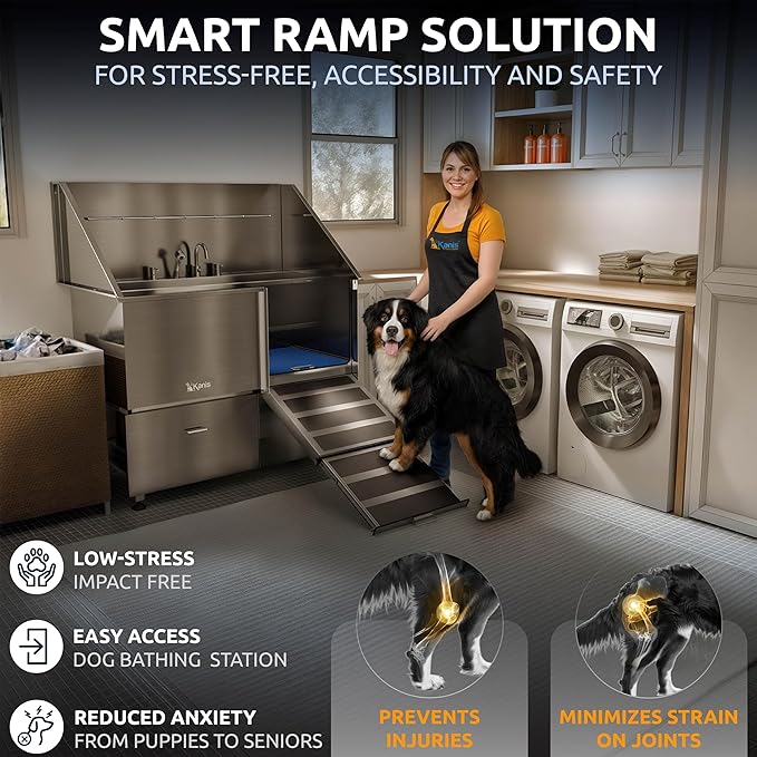 KANIS Professional Dog Washing Station - 304 Stainless Steel Pet Wash Sink & Grooming Bathtub w/Shower, Floor Grates and Storage for Large, Medium & Small Pets (50", 2 Drawers - Right Ramp)