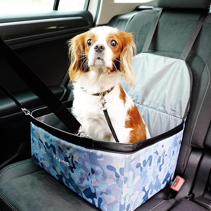 SUSSEXHOME Pets Water and Stain Proof Dog Car Seats for Small Dogs - 15.75 x 12.6 x 9.85 Inches Dog Booster Seat with Removable, Adjustable Fastening Straps - Blue-Patterned