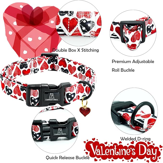 Lionheart glory Valentine's Dog Collar-Red Hearts Cute Spring Dog Collar for Medium Dogs Female Male Adjustable Heavy-Duty Dogs Collar Holiday Pet Gift