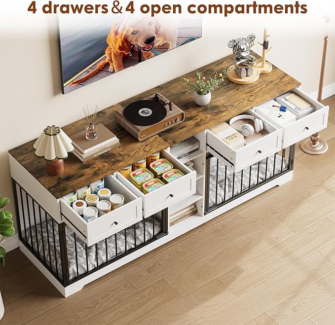 IDEALHOUSE 82” Large Dog Crate for 2 Dogs, Dog Kennel Indoor with 4 Drawers and Shelves, Double Dog Crate Furniture TV Stand, Wooden Dog Cage for Medium Large Dogs, White