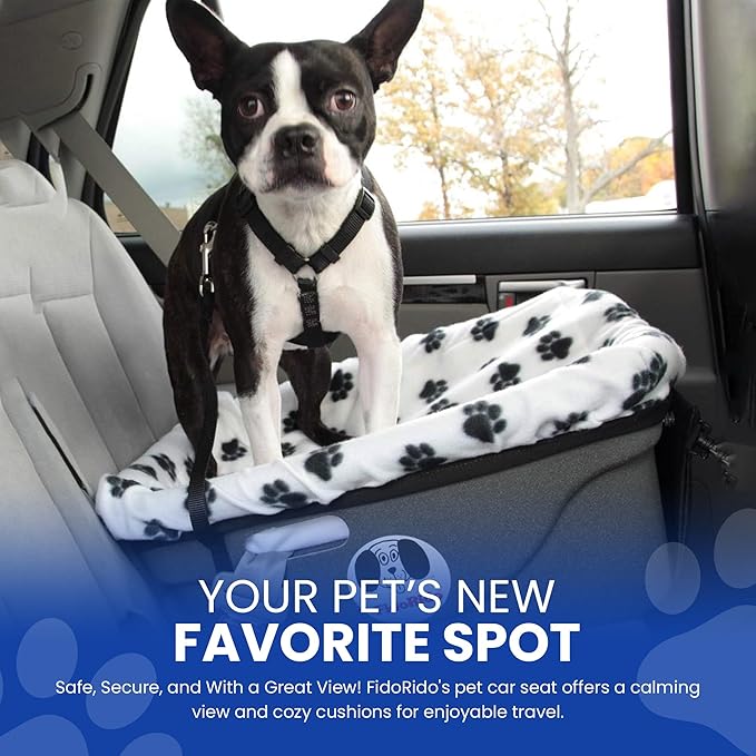FidoRido Dog Car Seat - Pet Booster Seat for Small to Large Dogs with Comfortable Cushions, Sherpa Cover, and Safety Straps, Easy to Install, Ideal for Travel, White Black Paw Prints - Large Harness