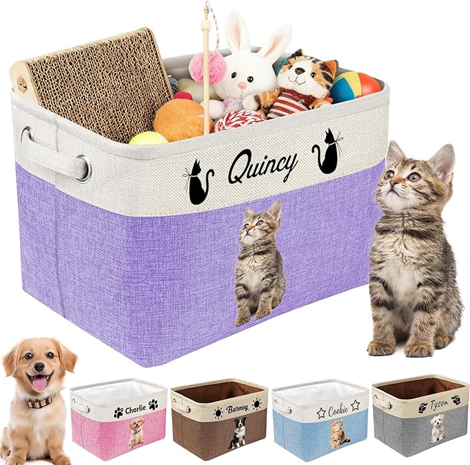 Personalized Dog Toy Basket with Name Photo Custom Cat Storage Organizer Box Collapsible Pet Chest Bins Customized for Toys Clothing-Purple