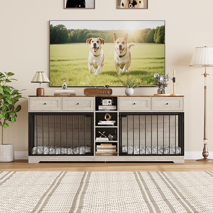 IDEALHOUSE 82" Large Dog Crate for 2 Dogs, Dog Kennel Indoor with 4 Drawers and Shelves, Double Dog Crate Furniture TV Stand, Wooden Dog Cage for Medium Large Dogs, Washed White