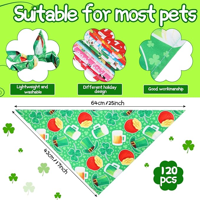 Kigeli 120 Pcs Holiday Dog Bandanas Bulk Valentine's Day Bandana for Dogs St. Patrick's Day Easter Holiday Puppy Scarf Set Triangle Pet Bibs for Small Medium Large Puppy Cats（25.6 x 17.7 x 17.7 in