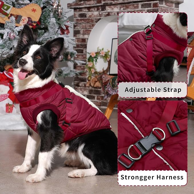 Dog Jacket with Harness,Fleece Lined Warm Puppy Coat for Winter,Soft Windproof Large Dog Vest,Red XXXL