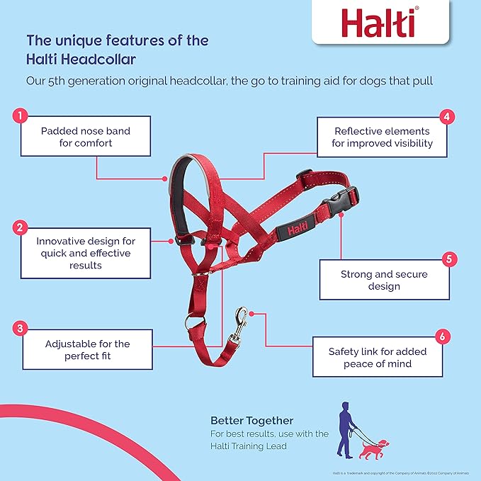 Halti Headcollar - Stop Your Dog Pulling on The Leash. Adjustable, Reflective and Lightweight, with Padded Nose Band. Dog Training Anti-Pull Collar for Medium Dogs (Size 2, Red)