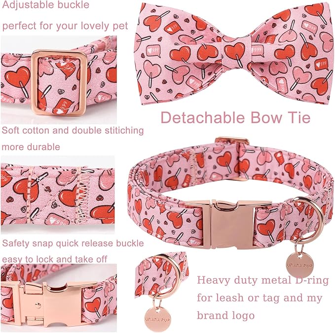 Valentine’s Day Dog Collar with Bow Tie, Pink Heart Bowtie Collar with Metal Buckle, Valentine’s Day Gift Pet Collar for Puppy Girl Boy Dog or Cat, Wedding Dog Collar, L, Neck 16-24in