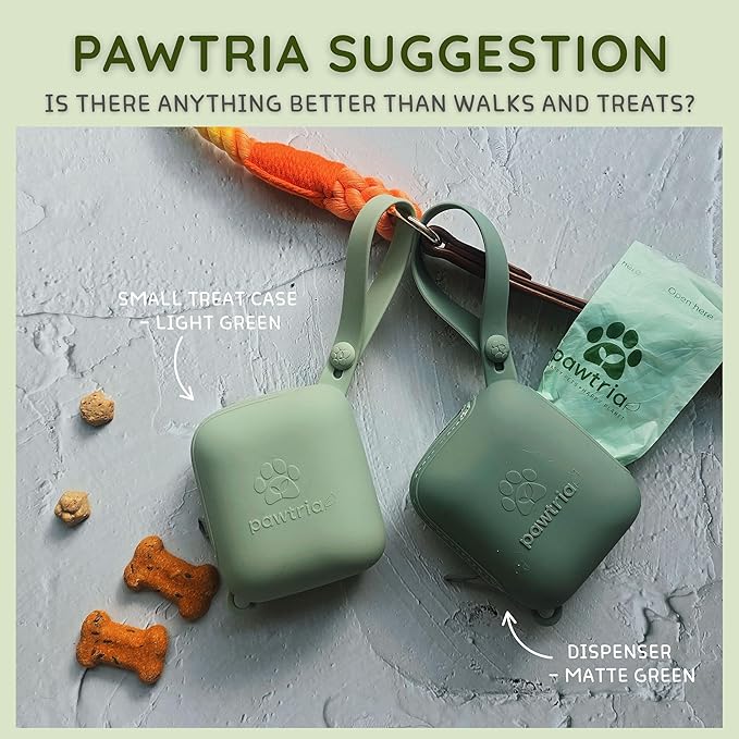 Premium Silicone Dog Poop Bag Dispenser (Matte Green) with 1 Roll of Pawtria's Dog Poop Bags, BPA-Free, Leak Proof, Zero Waste, Zero Plastic, Supports Rescue Dogs (Dispenser + 15 Poop Bags)