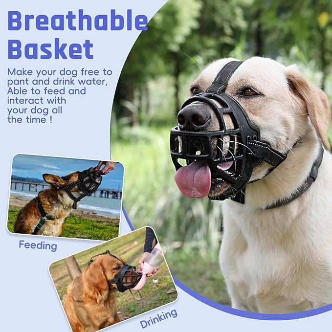 BARKLESS Dog Muzzle, Soft Basket Silicone Muzzle for Dogs to Prevent Biting and Chewing, Breathable Cage Mouth Cover for Training, Allows Drinking and Panting, Used with Collar