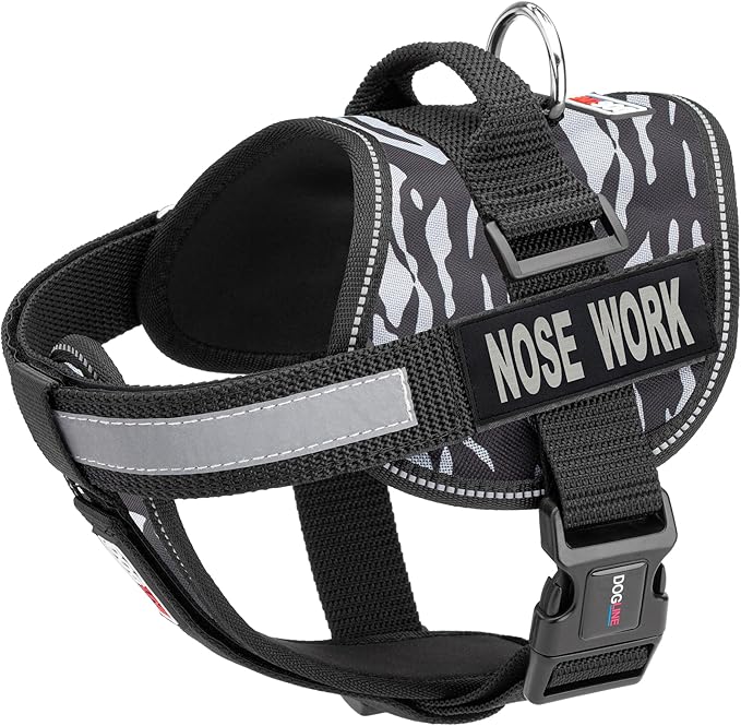 Dogline Unimax Dog Harness Vest with Nose Work Patches Reflective No-Pull, Adjustable Straps, Breathable Neoprene for Medical, Service, Identification and Training Dogs Girth 15 to 19" Zebra