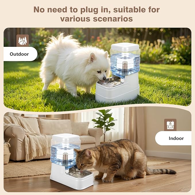 1.1 Gallon Pet Automatic Dog Water Dispenser Cat Gravity Waterer Feeder with Stainless Steel Bowl Large Capacity Puppy Feeding Raised Bowls with Filter,Ice Pack (White, 4L(1.1 Gallon))