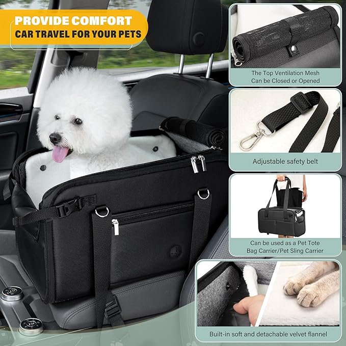 WOYYHO 18lbs Dog Car Seat for Small Dogs with Removable Velvet Liner, Luxury Small Dog Center Console Car Seat Pet Booster CarSeat, Easy Install Stable No Shaking, Waterproof Anti-Slip PU Leather
