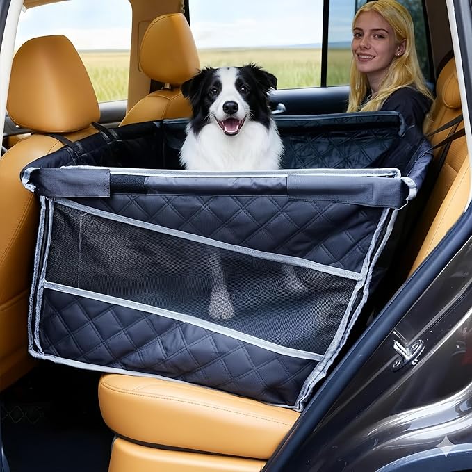 Dog Car Seat for Large Dogs, Back Seat Extender with Mesh Windows, Strong Support Dog Car Seat Cover for Cars, Trucks and SUVs (Black and Silver)