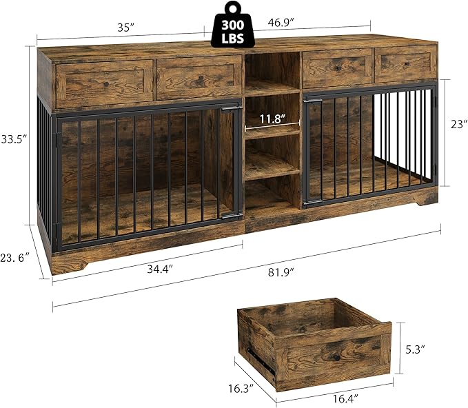 IDEALHOUSE 82" Large Dog Crate for 2 Dogs, Dog Kennel Indoor with 4 Drawers and Shelves, Double Dog Crate Furniture TV Stand, Wooden Dog Cage for Medium Large Dogs, Brown
