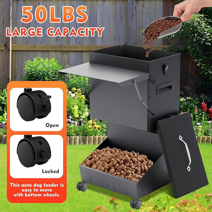1 Pcs Automatic Large Dog Feeder with Lid and Wheels Outdoor 50 Lbs Self Feeding Pet Food Dispenser for Large Breed Dogs Pets