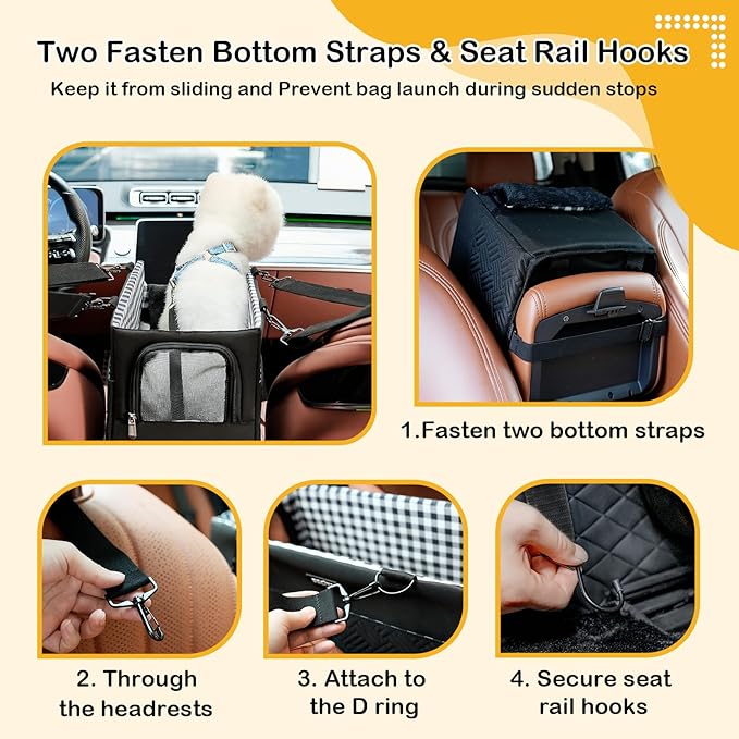 Console Dog Car Seat for Small Dogs Cats Up to 15lbs, Anti-Collapse Pet Armrest Booster Seat with Soft Pillow,Non-Slip Seat Rails Hooks & Safety Belt, Portable Car Accessories for Pets Travel