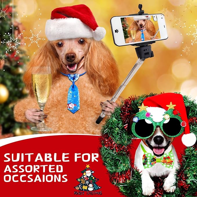 Eccliy 120 Pcs Christmas Dog Bow Tie Collar Bulk Christmas Dog Neck Ties Xmas Adjustable Pet Bowties Santa Claus Snowman Pattern Cat Collar Bow for Large Medium Small Pet Holiday Party Decoration