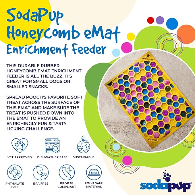 SodaPup Honeycomb eMat – Durable Lick Mat Feeder Made in USA from Non-Toxic, Pet-Safe, Food Safe Rubber for Mental Stimulation, Avoiding Overfeeding, Fresh Breath, Digestive Health, Calming, & More