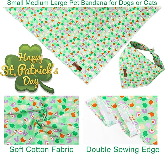 St. Patrick's Dog Bandana, Shamrock Triangle Bid Scarf for Small Medium Dogs, Cute Spring Cotton Pet Kerchief for Girl Boy Puppys, Puppy Green Dog Bandana