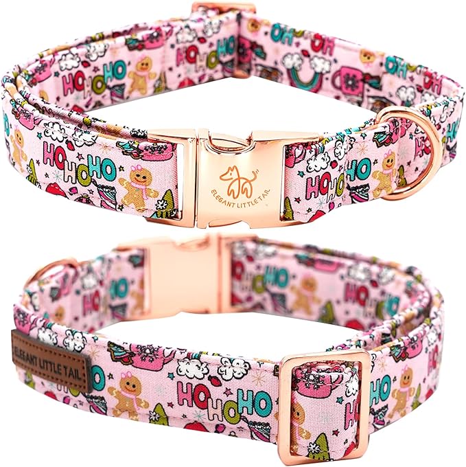 Elegant little tail Christmas Dog Collar, Pink Gingerbread Man Print Pet Collar Dog Durable Cute Dog Collars Winter Holiday Male or Female Pet Gift Adjustable Dog Collar for Small Puppy