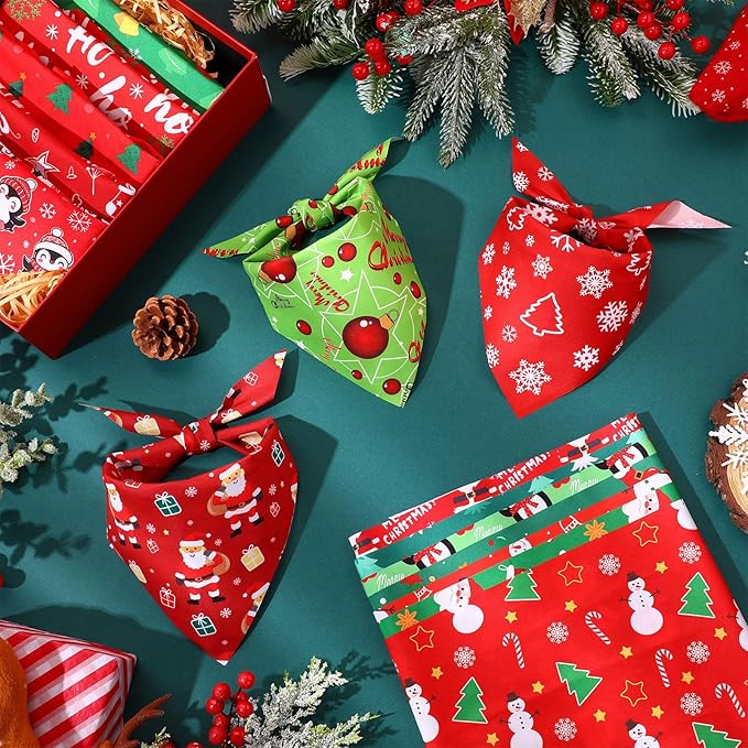 Preboun 50 Pcs Christmas Dog Bandanas Bulk Red and Green Bandanas for Dogs Triangle Kerchief Bibs Scarf Set for Pet Xmas Costume Photo Props Accessories Pet Shops, 25 Styles (31.5 x 21.7 x 21.7)
