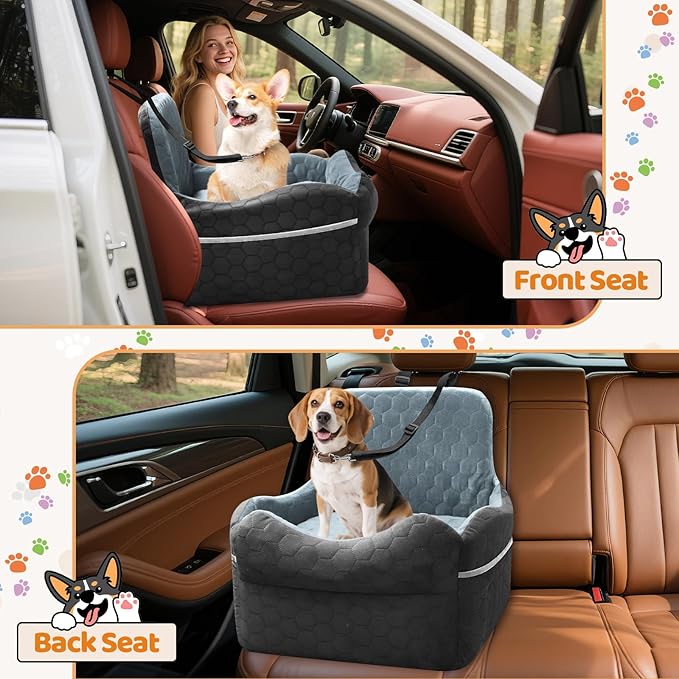 Dog Car Seat for Small/Medium Dogs - Puppy Car Seat Under 35 lbs with Thick Elevated Cushion & Safety Belt for Travel - Detachable & Washable Dog Booster Seat with 2 Sides Storage Pockets(Black/Gray)