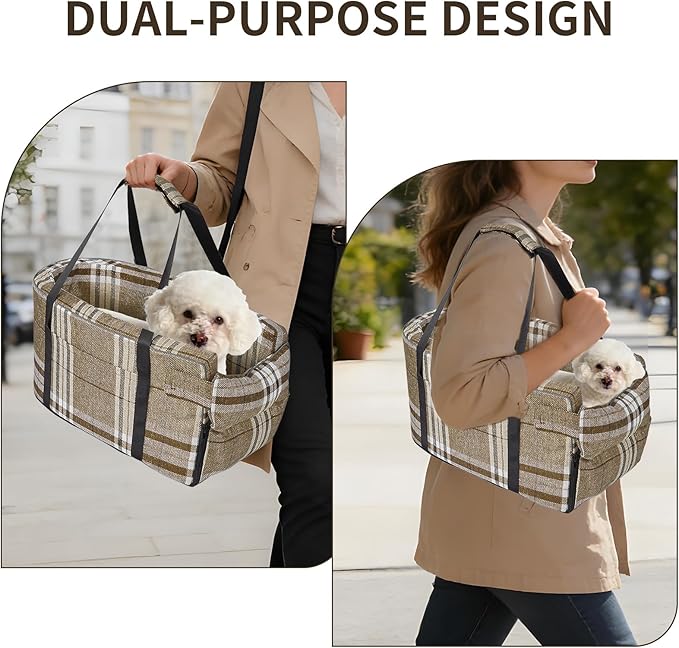 Dog Car Seat for Center Console, Portable Pet Carrier Bed with Built-in Leash & Magic Tape, Soft Puppy Car Booster for Small Dogs Up to 8Kg & Cats Up to 6Kg for Safe Travel