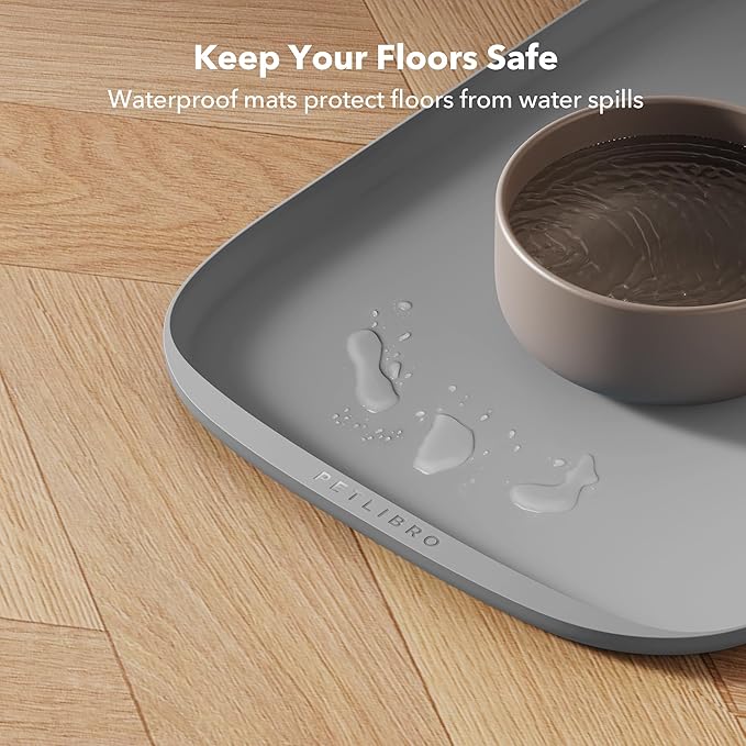 PETLIBRO Dog Food Mat, Waterproof Dog Bowl Mat, Safety Silicone Cat Food Mat for Feeder & Fountain, Raised Edge Spill Protection Floor, Cove Feeding Mat for AF005, AF103 Single Tray, 17.7"x12", Grey
