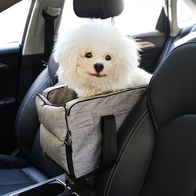 Dog Cat Car Booster Seat Cozy Boost Pet Console Carrier Puppy Car Seat with Clip-On Safety Leash & Anti-Slip Bottom for Small Medium Dogs Puppies Cats (Grey)