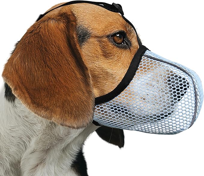 Dog Muzzle, Breathable Soft for Small to Medium Dogs to Anti & Prevent Barking Biting Chewing, Reflective & Adjustable Basket Muzzle with Air Mesh for Schnauzer Blue M