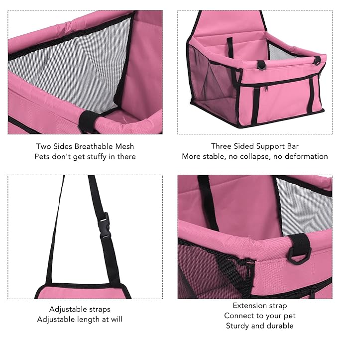 Stable Dog Car Seat, Portable Pet Booster Car Seat with Safety Leash, Waterproof Breathable Prevent Slip Dog Car Basket for Puppy Cat, Car Pet Supplies (Pink)