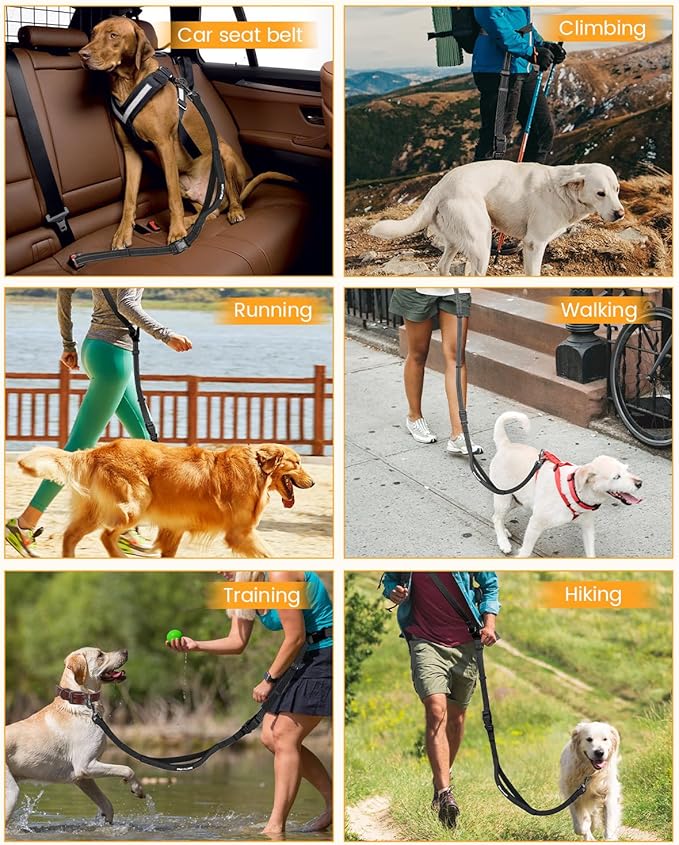 Hands Free Dog Leash, Pet Car Seatbelt, 2-in-1 Multifunctional Crossbody Dog Leash, 5.9-9.2Ft Waist Belt with Double-Sided Reflective for Walking, Hiking, Travel etc.(Black)
