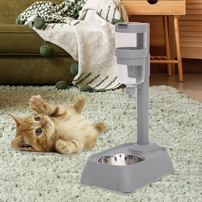 Pet Feeder Waterer Water Bottle Stand Adjustable Height 2 in 1 Food Container Automatic Food Feeder Dog Bowl for Rabbits Cat, Gray