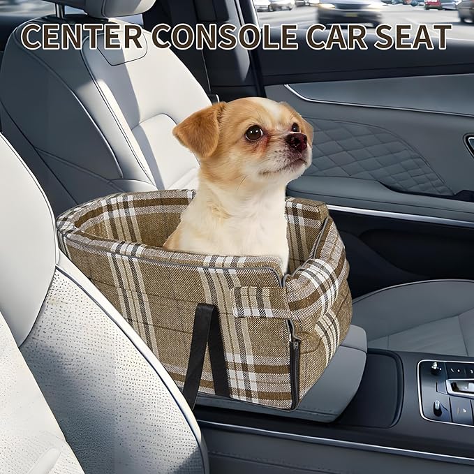 Dog Car Seat for Center Console, Portable Pet Carrier Bed with Built-in Leash & Magic Tape, Soft Puppy Car Booster for Small Dogs Up to 8Kg & Cats Up to 6Kg for Safe Travel
