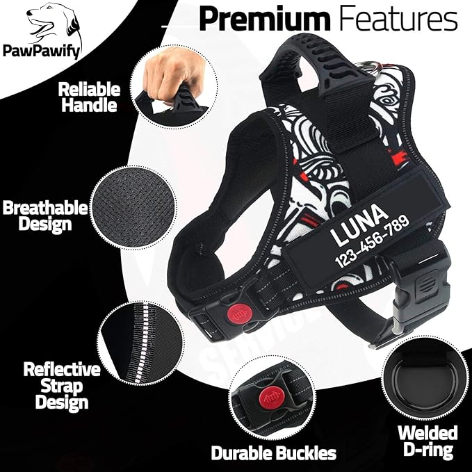 Personalized No Pull Dog Harness with Custom Name and Phone Number by PawPawify, Heavy Duty Pet Vest to Prevent Tugging, Pulling, or Choking, Training and Walking XXL Chest 33-46in White Doodle