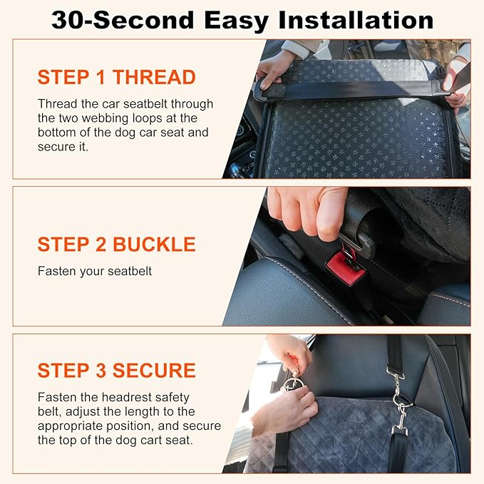 Dog Car Seat for Small/Medium-Sized Under 30 Pounds, Pet Car Seat Travel Bed with 2 Seat Belts and Headrest Seat Belts, Detachable Washable Covers and Side Storage Bags(Grey)
