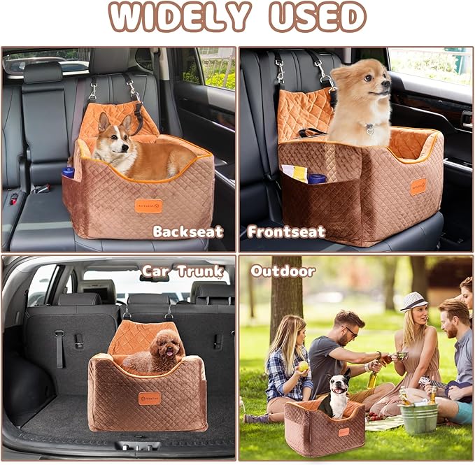 Memory Foam Booster Dog Car Seat with Washable Removable Cover, Elevated Pet Car Seat, Anti-Slip Sturdy Booster Seats for Small Dogs 35lbs, Seat Belt, Storage Pocket, Dog Blankets