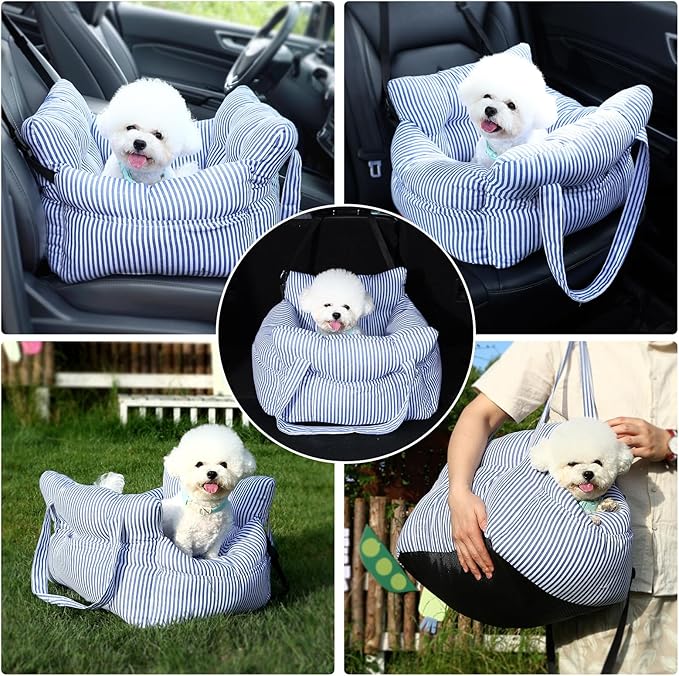 Small Dog Car Seat Up to 15lbs - Pet Travel Bed Booster with Storage, Safety Tether, Anti-Slip Bottom for Cars(Blue)