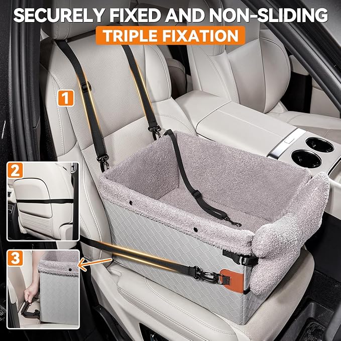 Dog Car Seat for Small Dogs,PU Leather Pet Car Seat Boosters,Puppy Cat Carseats with Washable Removable Cover(Grey, Small)