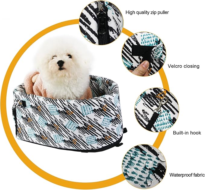 Console Small Dog Cat Car Seat Pet Booster Puppy Travel Car Carrier Bed ON Car Armrest, Interactive Deluxe Seat Waterproof Pet Car Seat for Cat and Small Dog Up to 10 Lbs