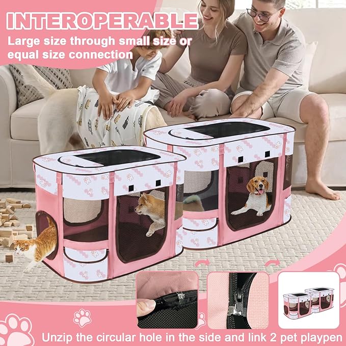 Foldable Dog Playpen Indoor,Expandable Puppy Playpen,Portable Pet Playpen for Small Animals,Waterproof Exercise Kennel Tent Crate for Travel,Camping, Home & Outdoor Use (S 27"L x 19"W x 17"H, Pink)