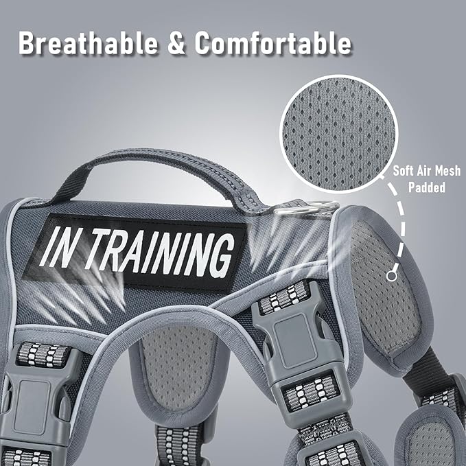 Gray Tactical Dog Harness for Large Dog Breeds, No Pull Adjustable Pet Harness with Handle, Reflective K9 Military Service Dog Vest for Walking Hiking Training, Gray, XL