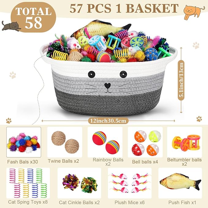 Zopeal 58 Pcs Cat Storage Basket Gift Toys Set, Colorful Flashing Balls Pet Bell Crinkle Balls Spring Toys Attract Cat to Swat, Hunt, Interactive for Pet(Multicolor,12 Inch)