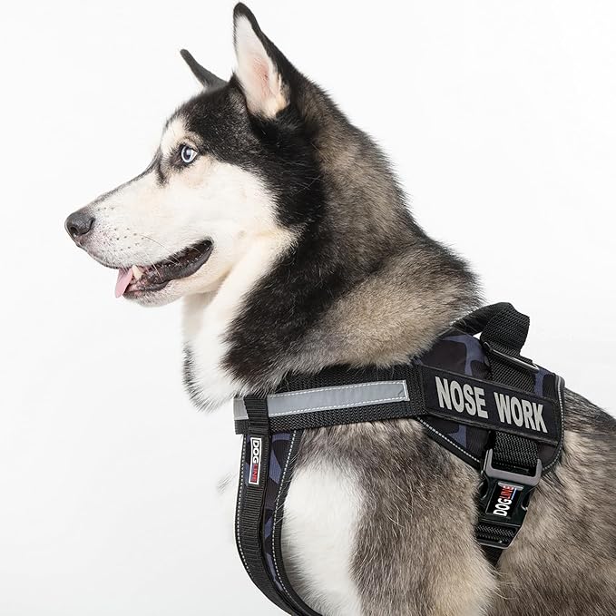Dogline Unimax Dog Harness Vest with Nose Work Patches Reflective No-Pull, Adjustable Straps, Breathable Neoprene for Medical, Service, Identification and Training Dogs Girth 22 to 30" Giraffe Gray